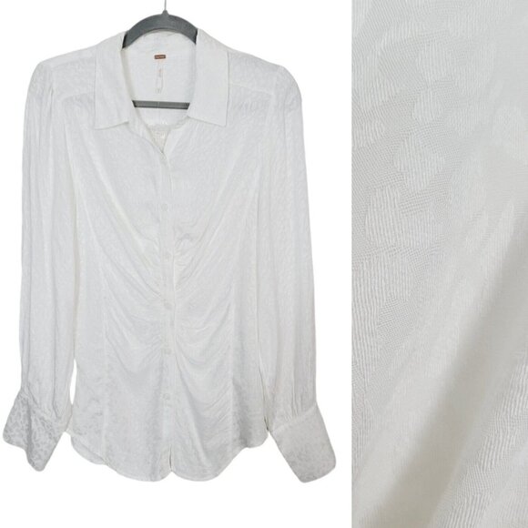 Free People Bianca Blouse White/Ivory Jacquard Animal Print Sz Med Ruched NEW - Picture 2 of 14